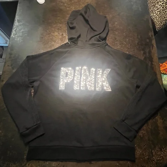 PINK Victoria Secret Black Jacket/Hoodie with Silver Sequin, L - Picture 3 of 8